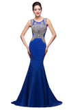 MISSHOW offers Mermaid Crew Sweep-length Blue Formal Dresses With Applique at a cheap price from Pool, 100D Chiffon,Sequined to Mermaid Floor-length hem. Stunning yet affordable Sleeveless Prom Dresses,Evening Dresses.