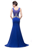 MISSHOW offers Mermaid Crew Sweep-length Blue Formal Dresses With Applique at a cheap price from Pool, 100D Chiffon,Sequined to Mermaid Floor-length hem. Stunning yet affordable Sleeveless Prom Dresses,Evening Dresses.