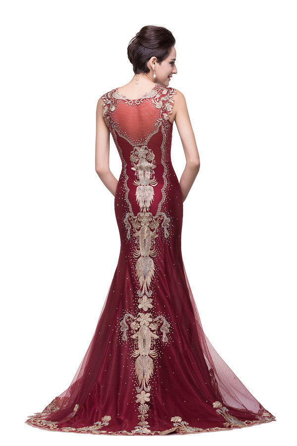 MISSHOW offers gorgeous Burgundy Jewel party dresses with delicately handmade Appliques,Crystal Floral Pin in size 0-26W. Shop Floor-length prom dresses at affordable prices.