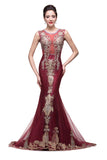 Mermaid Crew Sweep-length Tulle Burgundy Formal Dresses With Applique