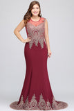 Mermaid Crew Sweep Train Sleeveless Appliques Burgundy Evening Dresses