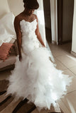 Mermaid Floral Appliques Ruffless Wedding Dress Sheer Tulle Backless Sleeveless Bridal Wears