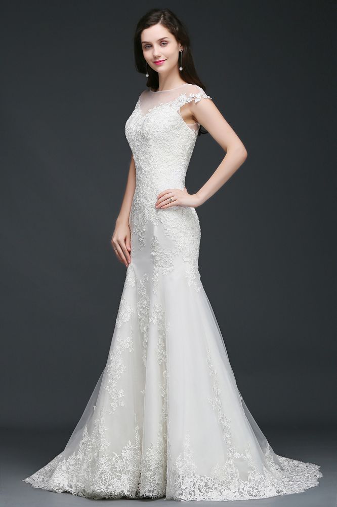 This elegant Jewel Tulle wedding dress with Lace could be custom made in plus size for curvy women. Plus size  Mermaid bridal gowns are classic yet cheap.