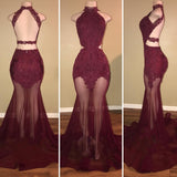 Mermaid Lace Appliques Sheer-Tulle Burgundy High Neck Long Prom Dresses-misshow.com