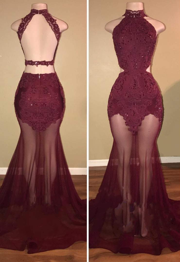 Mermaid Lace Appliques Sheer-Tulle Burgundy High Neck Long Prom Dresses-misshow.com