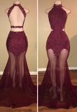 Mermaid Lace Appliques Sheer-Tulle Burgundy High Neck Long Prom Dresses