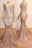 Mermaid Long Sleeves V-neck Sequined Sweep Train Prom Dresses-misshow.com
