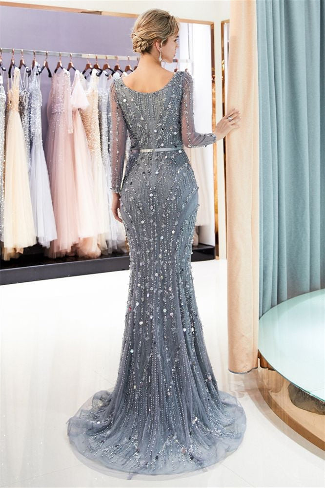 Mermaid Long Sleeves V-neck Sequins Evening Gowns with Sash-misshow.com