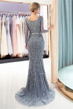 Mermaid Long Sleeves V-neck Sequins Evening Gowns with Sash-misshow.com