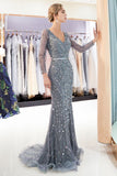 Looking for Prom Dresses,Evening Dresses in Tulle, Mermaid style, and Gorgeous Beading,Crystal,Ribbons work  MISSHOW has all covered on this elegant MAVIS, Mermaid Long Sleeves V-neck Sequins Evening Gowns with Sash.