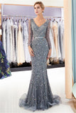 Mermaid Long Sleeves V-neck Sequins Evening Gowns with Sash