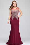 Mermaid Scoop Floor Length Plus size Sleeveless Appliques Burgundy Evening Dresses