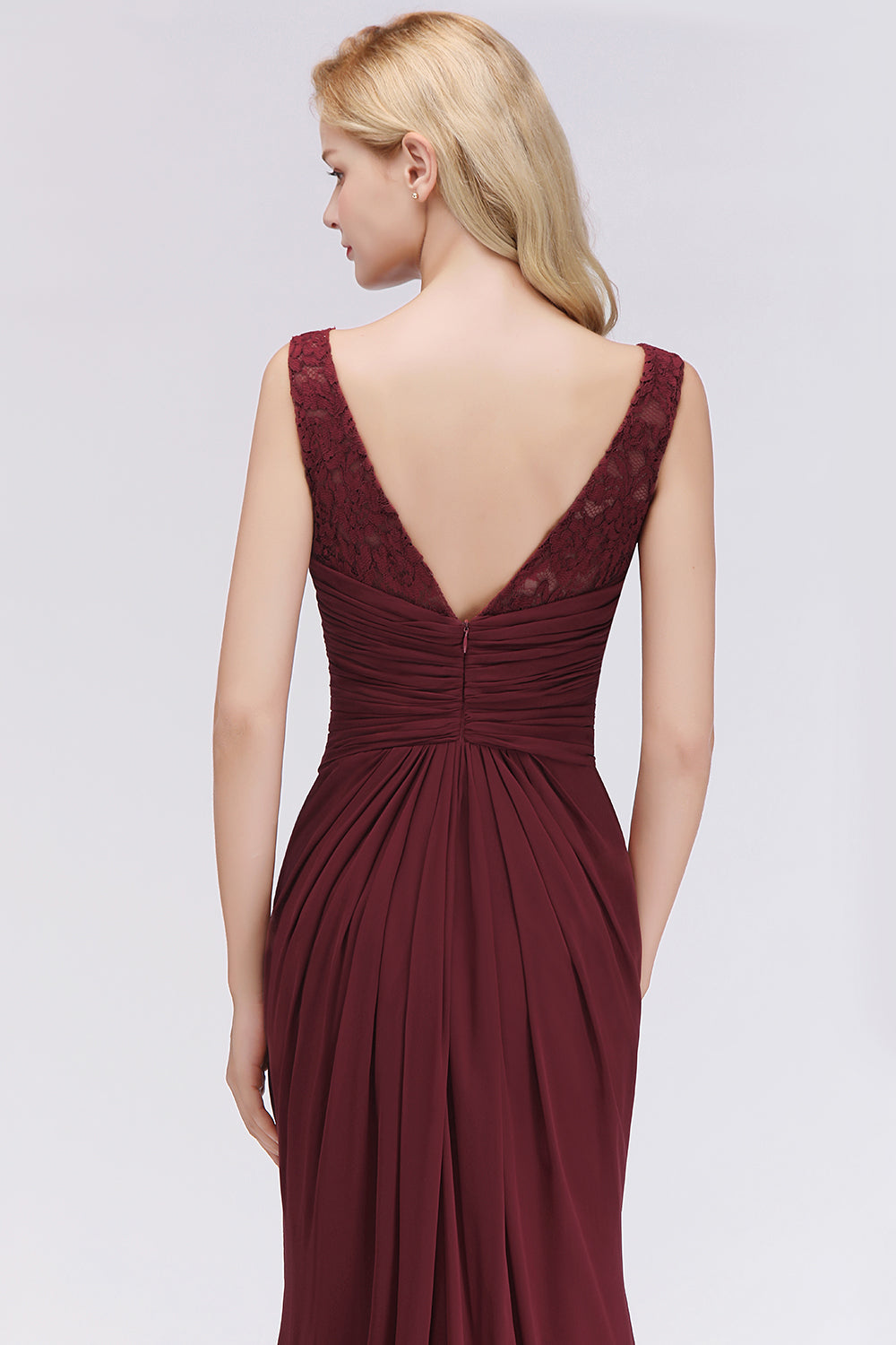 Mermaid Scoop Sleeveless Lace Burgundy Bridesmaid dresses with Pleats