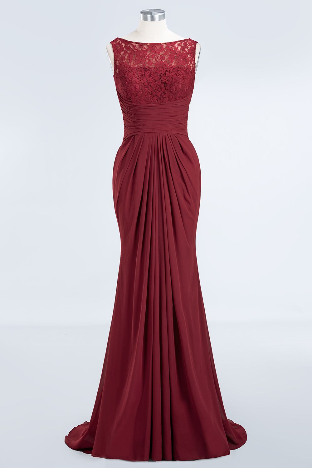 Mermaid Scoop Sleeveless Lace Burgundy Bridesmaid dresses with Pleats