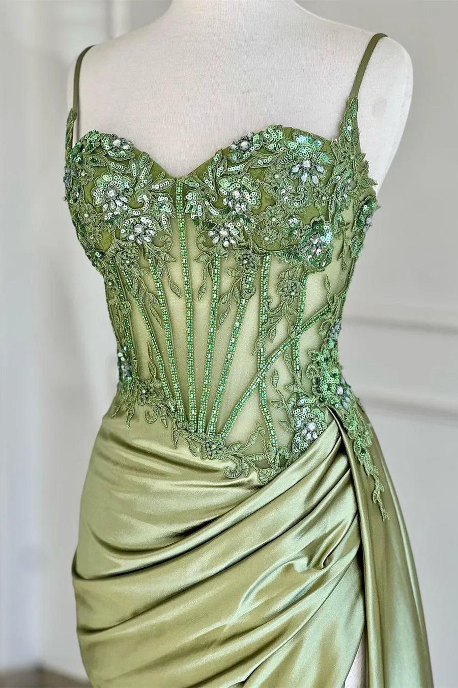 Mermaid Silver Spaghetti Straps Corset Prom Dress with Appliques