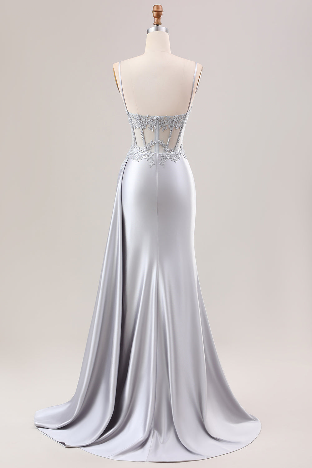 Mermaid Silver Spaghetti Straps Corset Prom Dress with Appliques