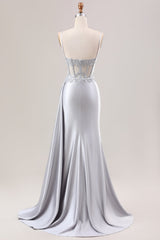 Mermaid Silver Spaghetti Straps Corset Prom Dress with Appliques