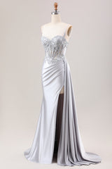 Mermaid Silver Spaghetti Straps Corset Prom Dress with Appliques