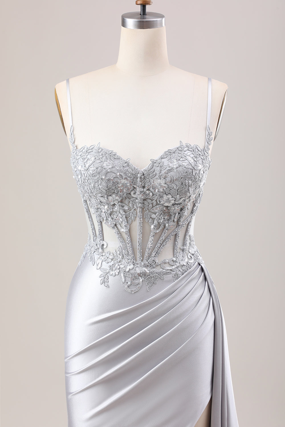 Mermaid Silver Spaghetti Straps Corset Prom Dress with Appliques