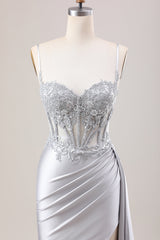 Mermaid Silver Spaghetti Straps Corset Prom Dress with Appliques