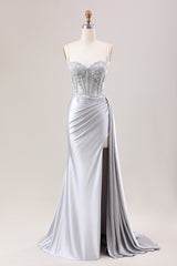 Mermaid Silver Spaghetti Straps Corset Prom Dress with Appliques