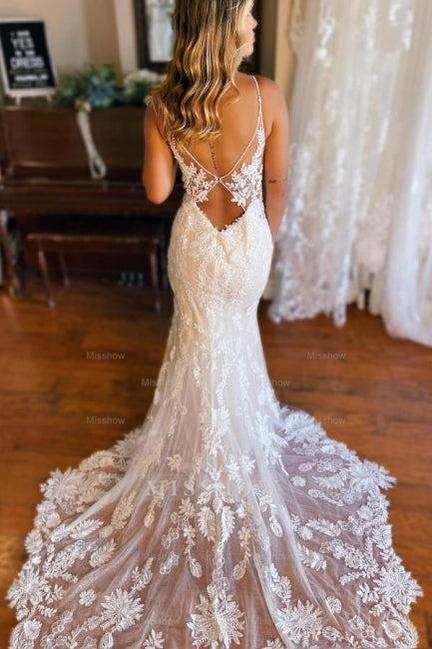 Mermaid Spaghetti Straps V-neck Backless Lace Wedding Dresses misshow.com Mermaid Spaghetti Straps V-neck Backless Lace Wedding Dresses misshow.com