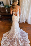 Mermaid Spaghetti Straps V-neck Backless Lace Wedding Dresses-misshow.com