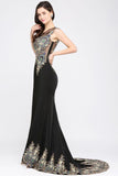 Mermaid Sweep Train Black Sleeveless Evening Dresses with Appliques