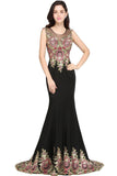 Mermaid Sweep Train Black Sleeveless Evening Dresses with Appliques