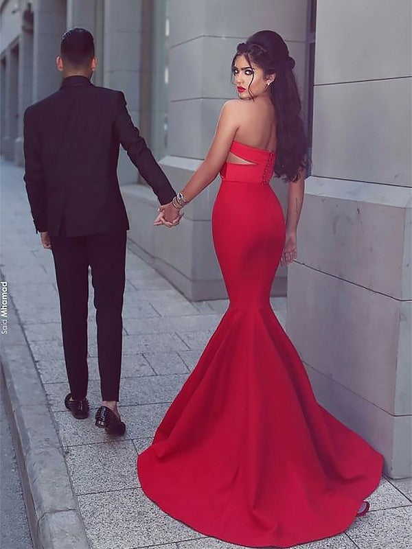 Mermaid Sweetheart Sleeveless With Ruched Satin Prom Evening Dresses