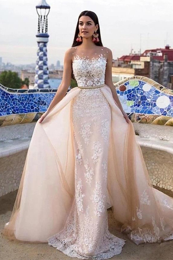 Mermaid \ Trumpet Jewel Neck Chapel Train Lace Tulle Lace Over Satin Regular Straps Formal See-Through Wedding Dresses-misshow.com