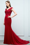 Mermaid V-neck Appliques Beads Floor Length Prom Dresses with Sash