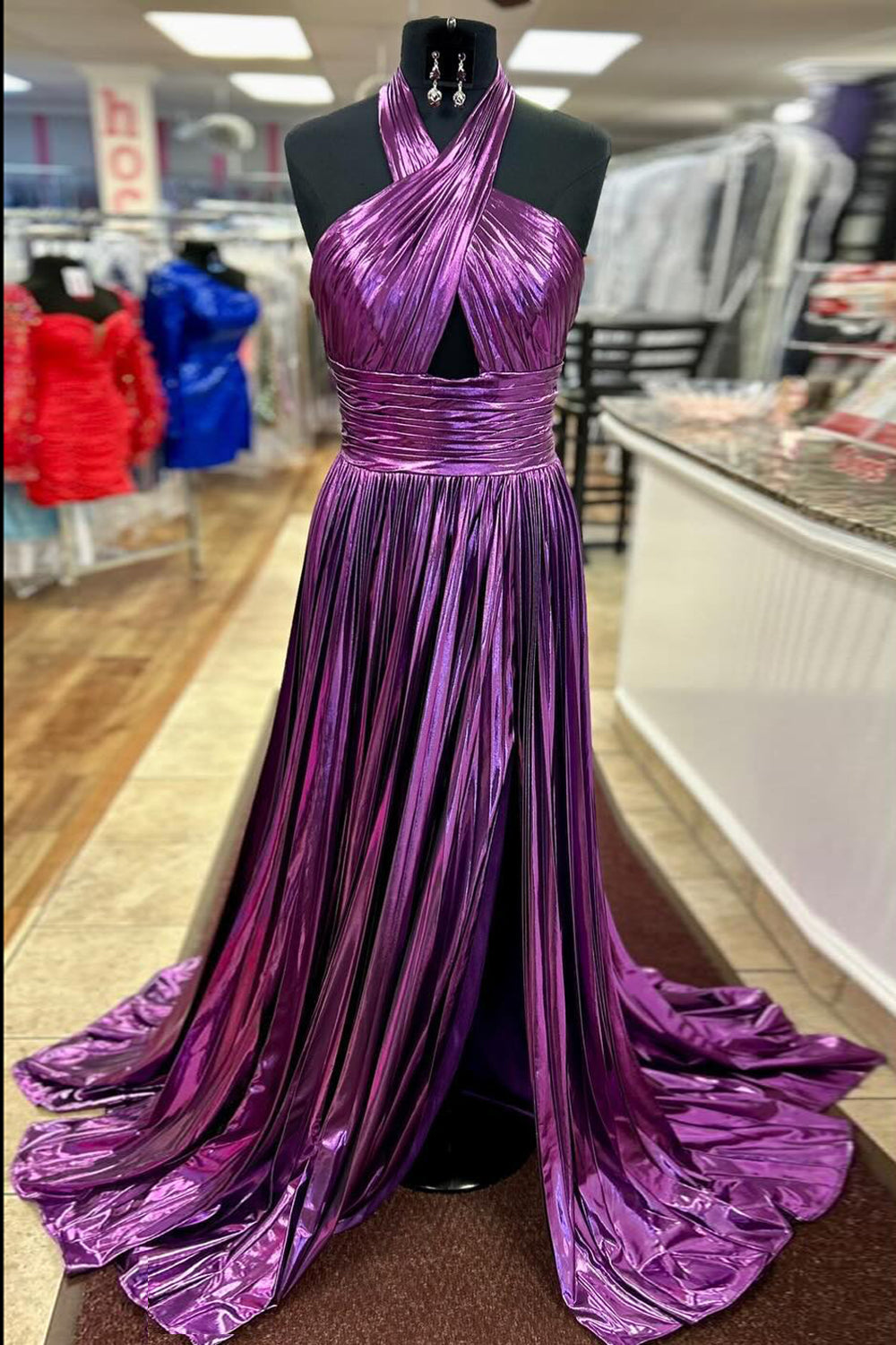 Metallic Blush Halter Neck A-Line Pleated Long Prom Dress with Slit