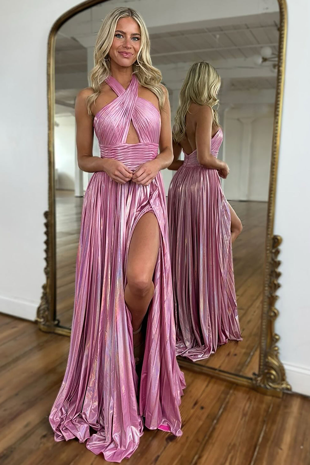 Metallic Blush Halter Neck A-Line Pleated Long Prom Dress with Slit