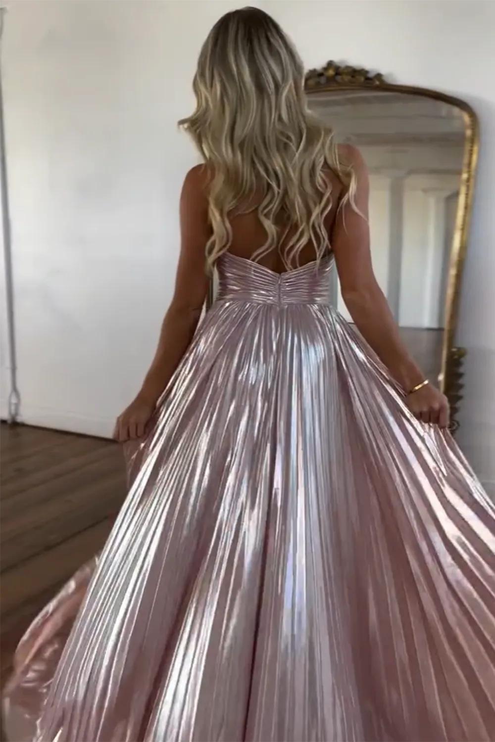 Metallic Blush Halter Neck A-Line Pleated Long Prom Dress with Slit