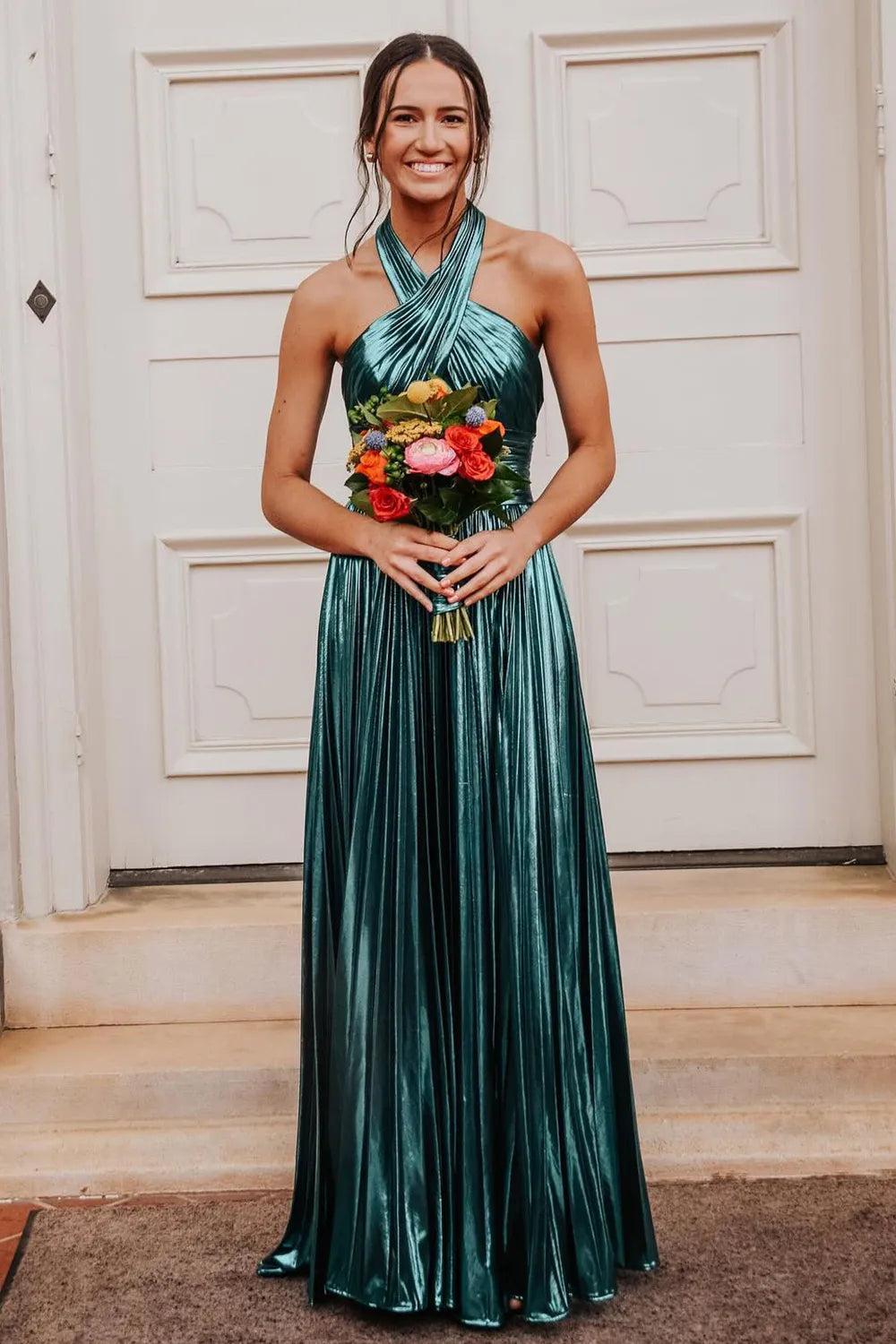Metallic Blush Halter Neck A-Line Pleated Long Prom Dress with Slit