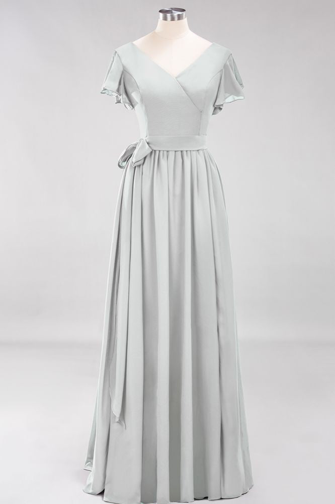 Misshow Elegant A-line V-Neck Short Sleeve Bridesmaid Dresses with Bow Sash Floor-Length Chiffon Evening Dress | MISSHOW misshow.com Misshow Elegant A-line V-Neck Short Sleeve Bridesmaid Dresses with Bow Sash Floor-Length Chiffon Evening Dress | MISSHOW misshow.com
