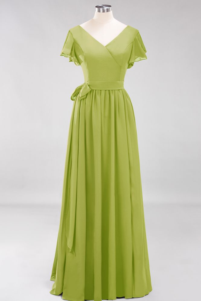 Misshow Elegant A-line V-Neck Short Sleeve Bridesmaid Dresses with Bow Sash Floor-Length Chiffon Evening Dress | Misshow Misshow Elegant A-line V-Neck Short Sleeve Bridesmaid Dresses with Bow Sash Floor-Length Chiffon Evening Dress | Misshow