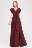 MISSHOW offers Misshow Elegant A-line V-Neck Short Sleeve Bridesmaid Dresses with Bow Sash Floor-Length Chiffon Evening Dress at a good price from Misshow