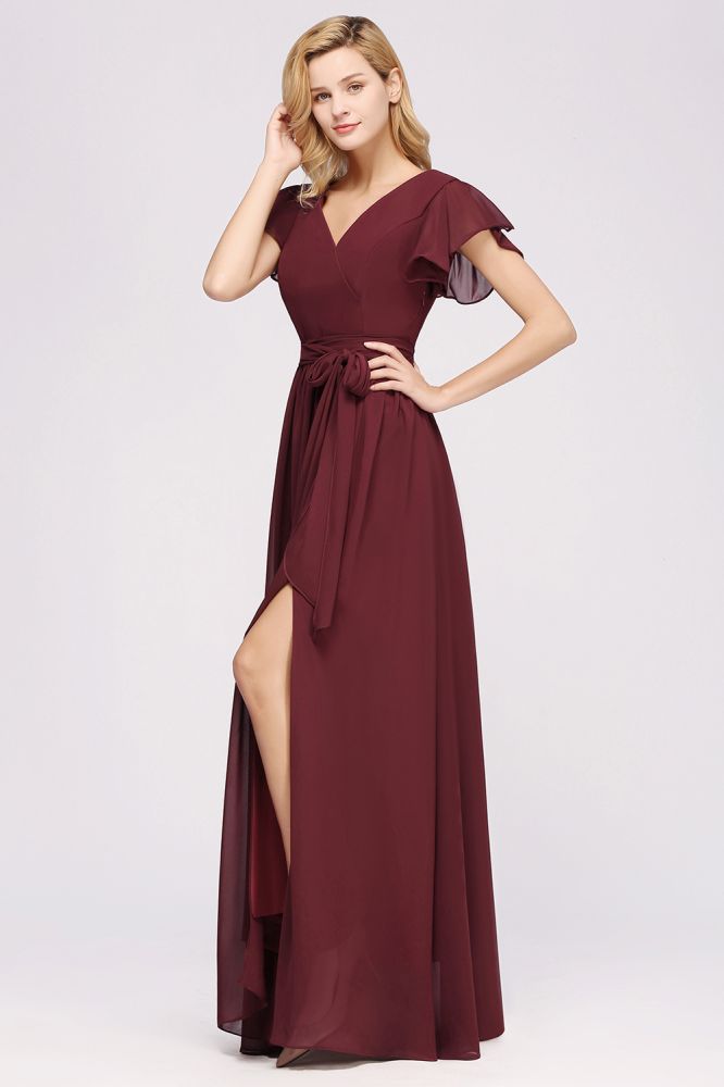 Misshow Elegant A-line V-Neck Short Sleeve Bridesmaid Dresses with Bow Sash Floor-Length Chiffon Evening Dress | Misshow Misshow Elegant A-line V-Neck Short Sleeve Bridesmaid Dresses with Bow Sash Floor-Length Chiffon Evening Dress | Misshow