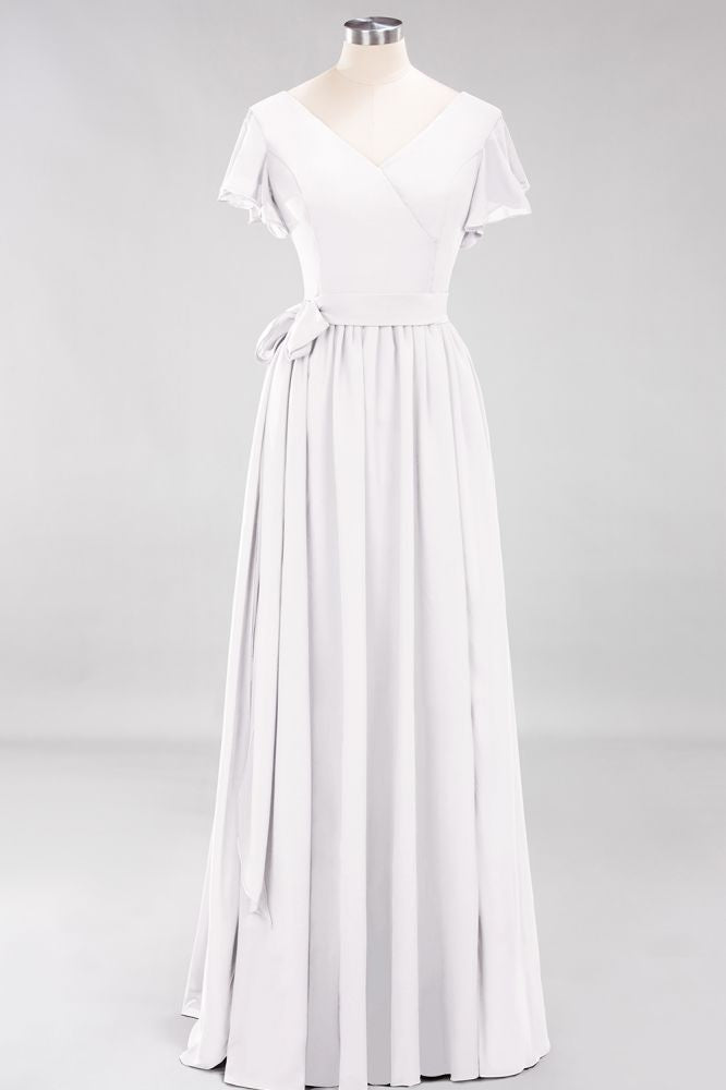 Misshow Elegant A-line V-Neck Short Sleeve Bridesmaid Dresses with Bow Sash Floor-Length Chiffon Evening Dress | Misshow Misshow Elegant A-line V-Neck Short Sleeve Bridesmaid Dresses with Bow Sash Floor-Length Chiffon Evening Dress | Misshow