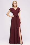 Misshow Elegant A-line V-Neck Short Sleeve Bridesmaid Dresses with Bow Sash Floor-Length Chiffon Evening Dress