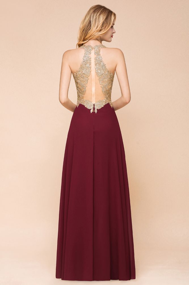 Mermaid Long Halter Chiffon with Gold Applique Lace Prom Dress