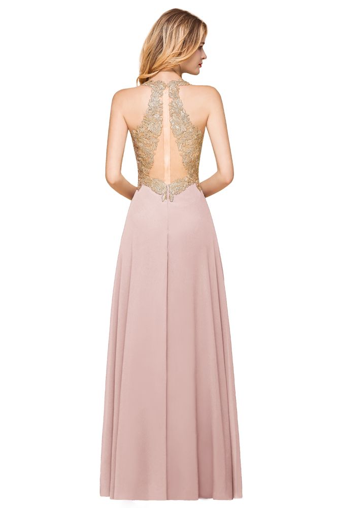 Mermaid Long Halter Chiffon with Gold Applique Lace Prom Dress