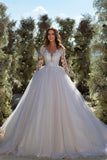Modern A-line Lace Tulle Appliques Wedding Dress With Long Sleeves-misshow.com