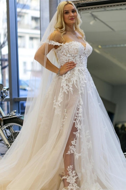 Modern A-line Off-the-shoulder Sleeveless Wedding Dresses With Lace-misshow.com
