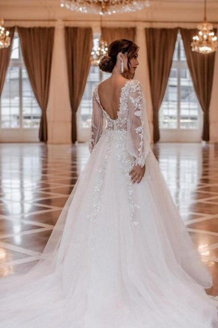 Modern A-line V-neck Lace Wedding Dresses With Long Sleeves-misshow.com