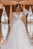 Modern A-line V-neck Lace Wedding Dresses With Long Sleeves