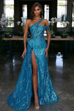 Modern Blue A-line One Shoulder Sequined Prom Dress With Slit