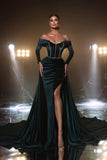 Modern Dark Green A-line Off-the-shoulder Long Sleeves Velvet Prom Dress With Slit-misshow.com